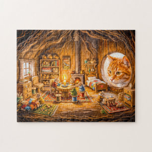 Puzzle Chat regardant dans la maison confortable de la so