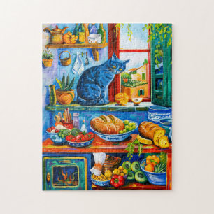 Puzzle Chat regardant par la fenêtre de la cuisine