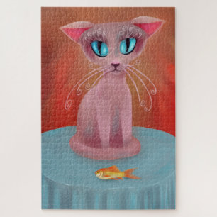 Puzzle Chat rose avec poisson rouge sur une table bleue