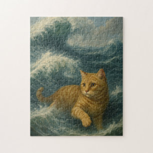 Puzzle    Chat roux courageux chevauchant les vagues de l