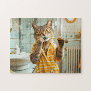 Puzzle Chat se brossant les dents dans une salle de bain 