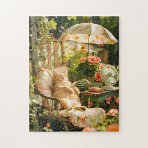 Puzzle Chat se détendant dans un transat sous un parasol