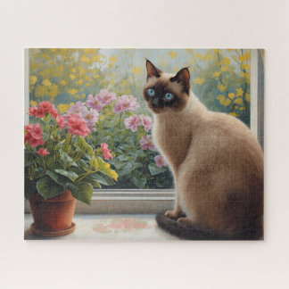 Puzzle Chat siamois à la fenêtre avec vue sur le jardin