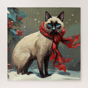 Puzzle Chat siamois à Noël de neige