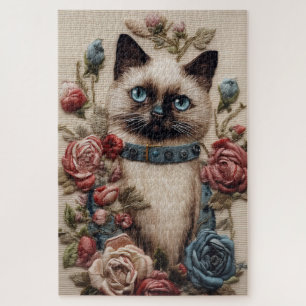 Puzzle Chat siamois et broderie Rose