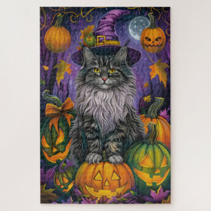 Puzzle Chat Sibérien éffrayant Halloween sorcière et Citr