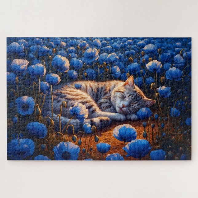 Puzzle Chat soleil couleur sommeil floral bleu mignon nat (Horizontal)