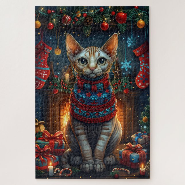 Puzzle Chat Sphynx Avec Cadeaux De Noël Cheminée (Vertical)