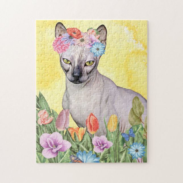Puzzle Chat Sphynx avec ressort Fleurs (Vertical)