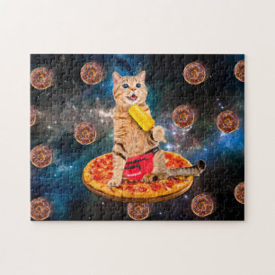 Puzzle Chat sur une pizza mangeant de la glace lolly