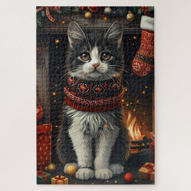 Puzzle Chat Tuxedo Avec Cheminée Cadeaux De Noël (Vertical)