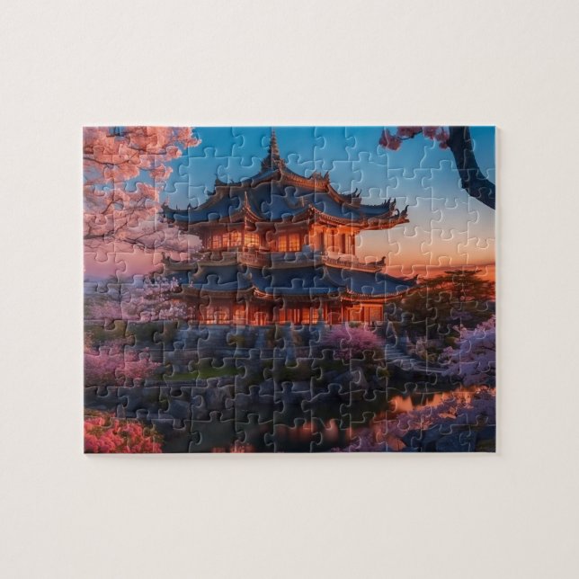 Puzzle Château asiatique du coucher de soleil sur le jard (Horizontal)