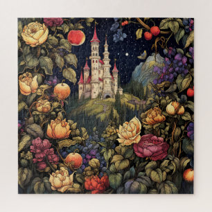 Puzzle Château de conte de fées blanc nuit fleurs pleine