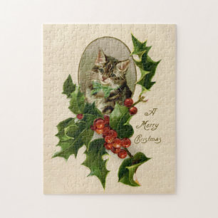 Puzzle Chaton de Noël victorien au houx antique tabby
