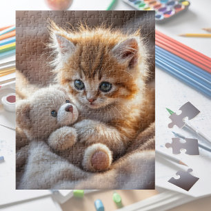 Puzzle Chaton rouge duveteux jouant avec un petit ours en