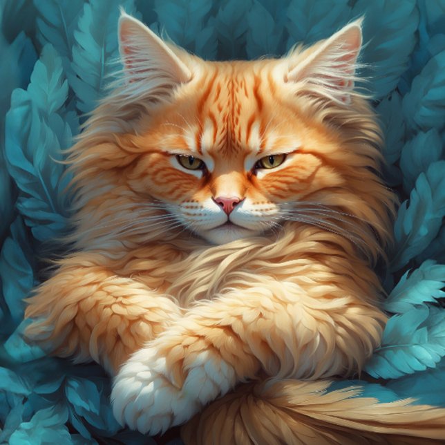 Puzzle Chaton Tabby Orange en Lit de Plumes Bleues (Close- up of artwork)