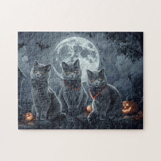 Puzzle Chats Bleus Russe Halloween Éffrayant (Horizontal)