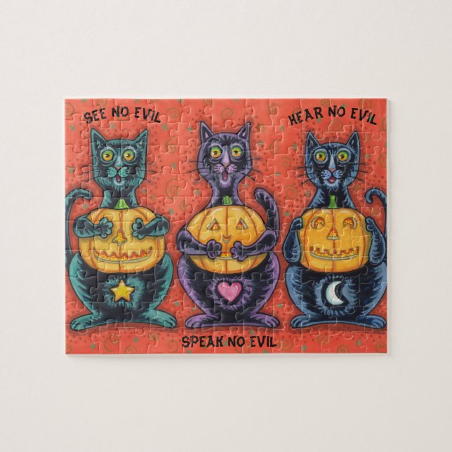 PUZZLE CHATS ET JACKS NOIRS NE VOIR PAS DE MAL HALLOWEEN  (Horizontal)