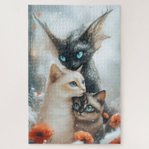 Puzzle Chats magiques d'hiver avec un dragon fantaisiste