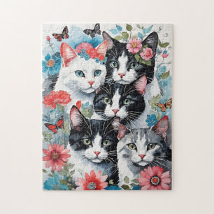 Puzzle Chats mignons aux fleurs roses et papillons