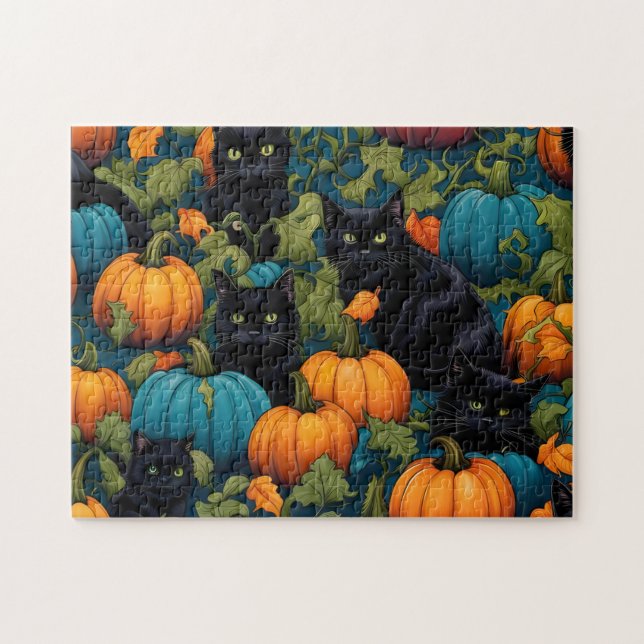 Puzzle Chats noirs dans un patch citrouille - Halloween (Horizontal)