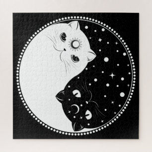 Puzzle Chats noirs et blancs en caricature, signe yin yan