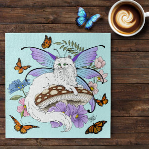 Puzzle Chatte Fée Blanche Fantastique Champignon Bleu Cap