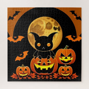 Puzzle Chauve-souris de dessin animé et citrouilles sous 