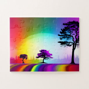 Puzzle Chemin Arc-en-ciel traversant les arbres Silhouett