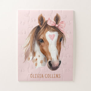 Puzzle Cheval à l'aquarelle Ruban Rose Filles Unique Mign