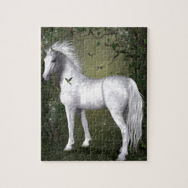 Puzzle Cheval blanc dans les bois avec des colibris (Vertical)