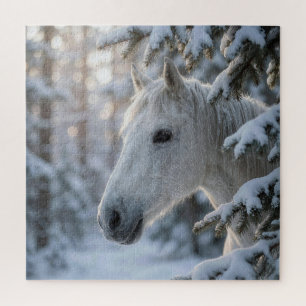 Puzzle Cheval blanc sous pin enneigé