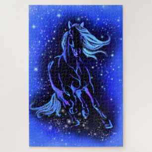 Puzzle Cheval Bleu Néon Couchant Au Lune Starry Night