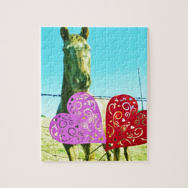 Puzzle Cheval blond et Coeurs rose et rouge (Vertical)