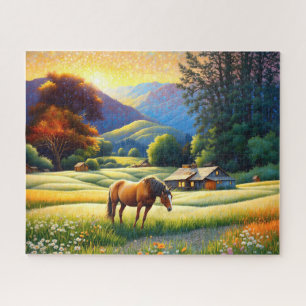 Puzzle Cheval dans la prairie de fleurs sauvages de la fe