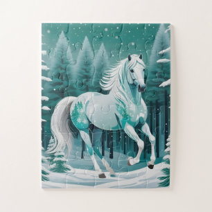 Puzzle Cheval d'argent vert dans la forêt enchantée