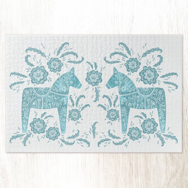 Puzzle Cheval de Dala suédois Turquoise vert et blanc (Swedish Dala Horse teal green and white folk art jigsaw puzzle)