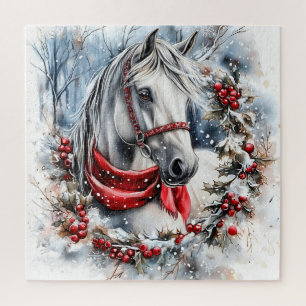 Puzzle Cheval de Noël élégant avec couronne d'hiver