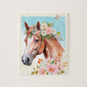 Puzzle Cheval et Fleurs aquarelles