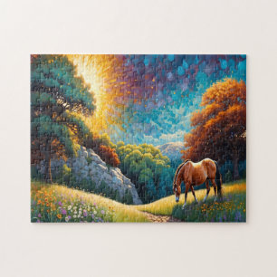 Puzzle Cheval et fleurs dans une prairie colorée