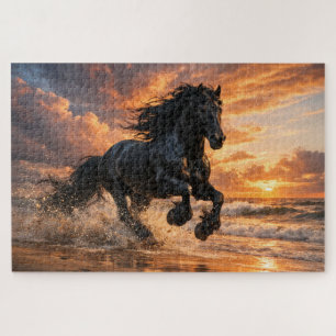 Puzzle Cheval Frison Noir au Coucher du Soleil, Course Pu