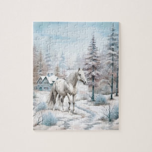 Puzzle Cheval hiver scène neige forêt Noël
