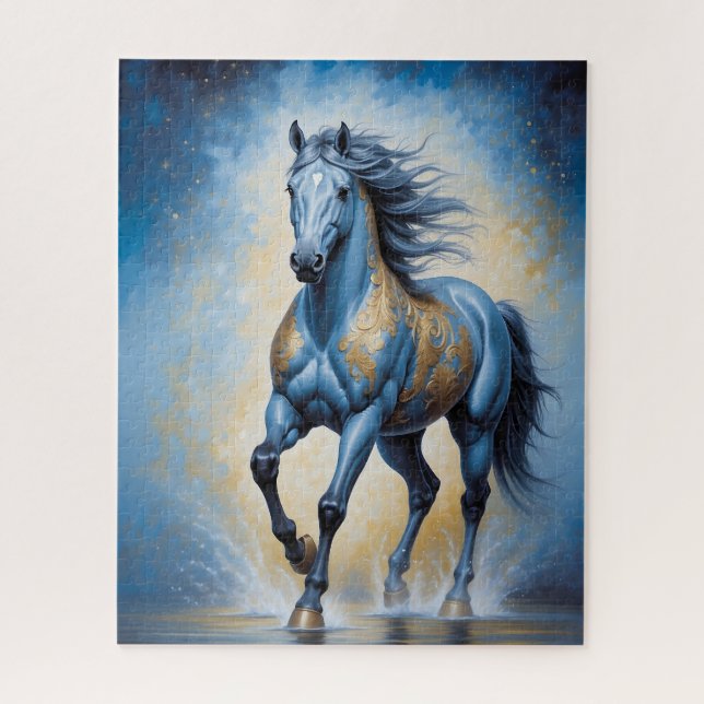Puzzle cheval majestueux en bleu et or (Vertical)