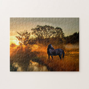 Puzzle Cheval noir au champ de soleil
