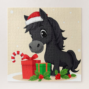 Puzzle Cheval noir de dessin animé festif avec chapeau de