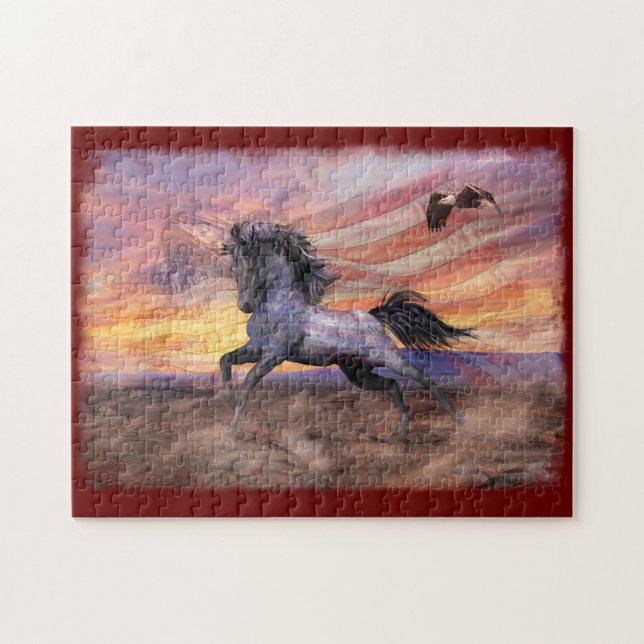 Puzzle Cheval rouge blanc et bleu Mustang (Horizontal)