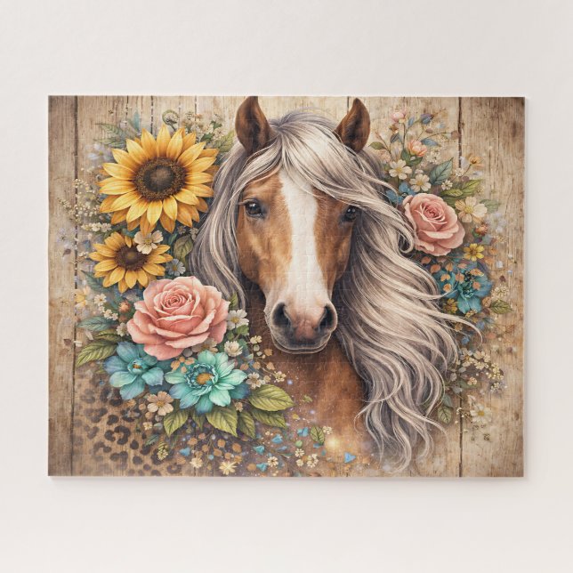 Puzzle Cheval Rustique Avec Fleurs (Horizontal)