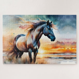Puzzle Cheval sauvage sur la dune de Grassy au coucher du
