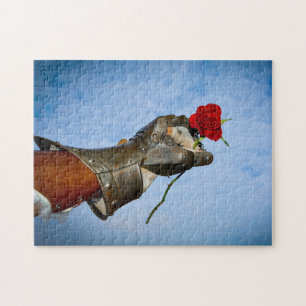 Puzzle Chevalier avec un cœur, main avec une rose rouge c