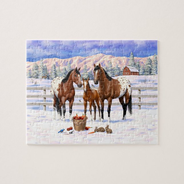 Puzzle Chevaux Appaloosa De Baie Brown En Neige (Horizontal)